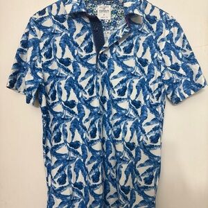 Society Of Threads Blue Leaf Pattern Polo Shirt